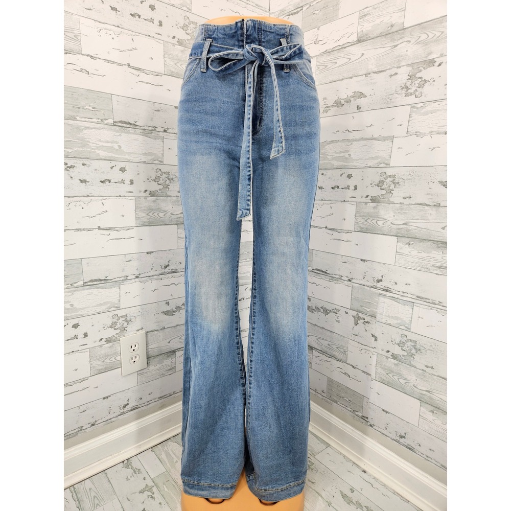 VICI Women Blue High Rise Tie Waist Wide Leg Jeans JP5823-L-VC Size Large